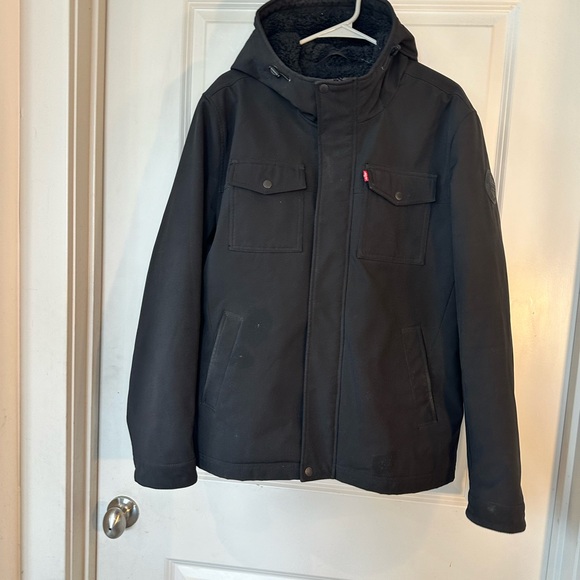 Levi’s DIY Black Soft Shell Sherpa Line Hooded Coat, Large - Picture 12 of 16